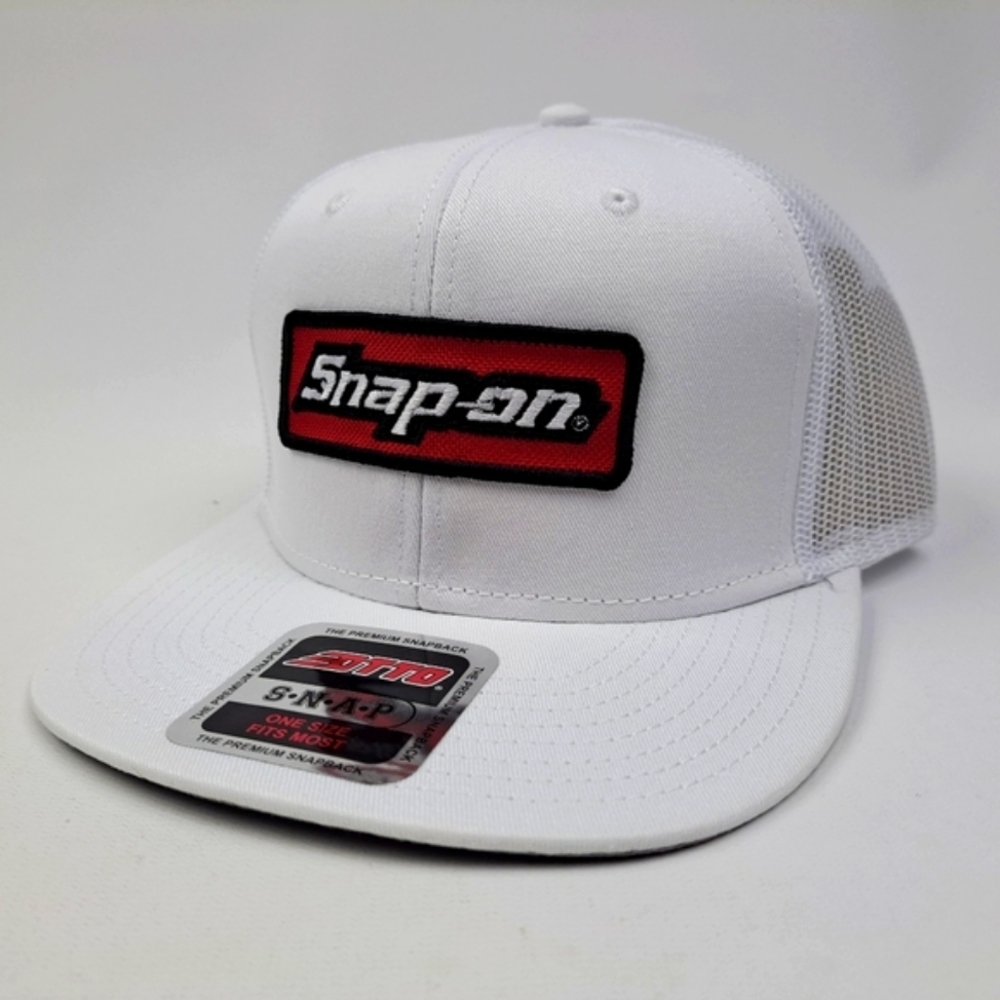 Snap On Embroidered Patch Flat Bill Trucker Mesh Snapback Cap Hat White